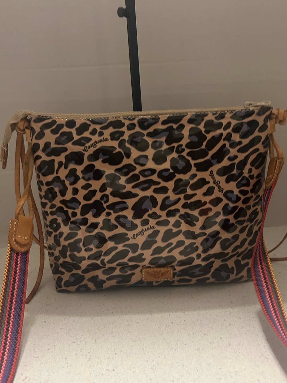 Consuela Leopard Print Crossbody Bag with Multicolor Strap